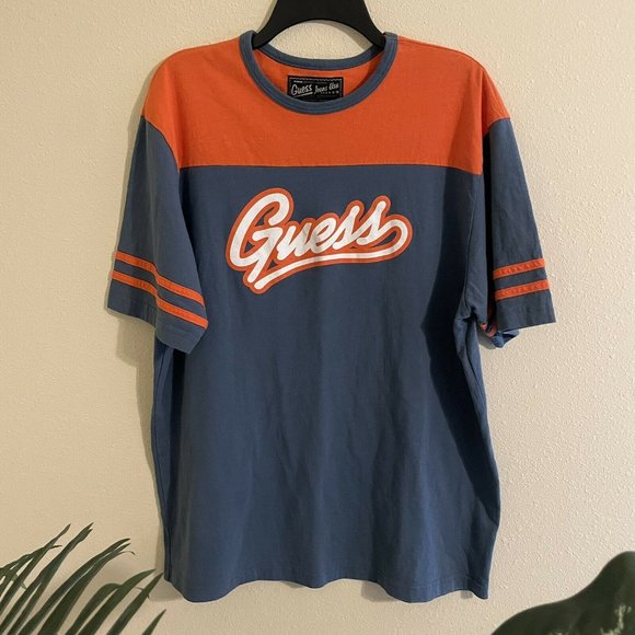 Vintage Guess Jeans USA Orange/Blue Size L/XL Tee Shirt *Made In USA*Very Clean*